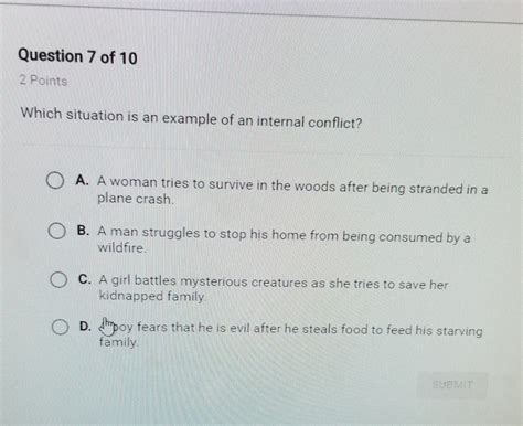which is an example of internal conflict brainly|Which is an example of internal conflict: A. A trial  .